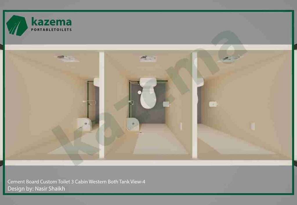 Three Cabin Cement Board with Three Doors – Western Style – Both Tank Portable Toilet