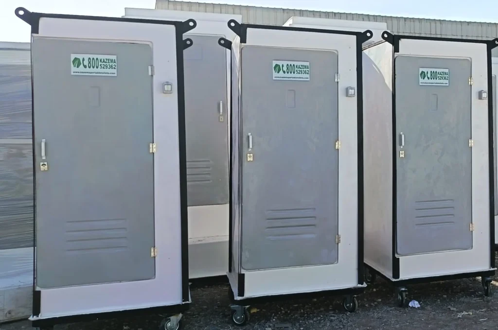 High-rise portable toilets arranged in yard at Kazema UAE manufacturing facility-2