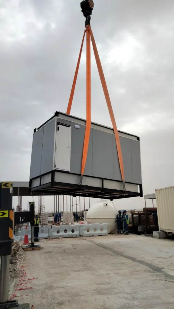 5 cabin custom portable toilet unit lifting and handling at Kazema UAE